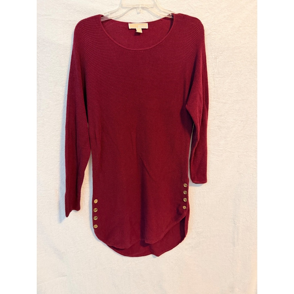 Michael Kors Women Burgundy Red Button Side High Low Tunic Sweater Medium